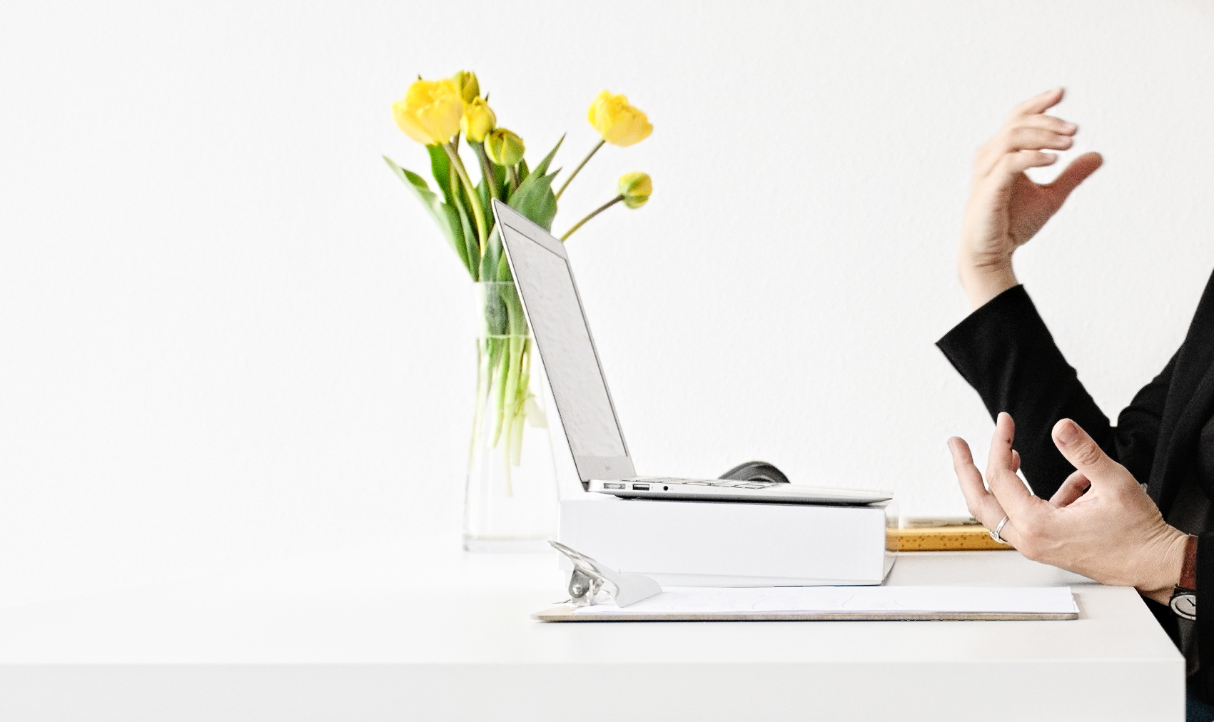 Gelbe Tulpen stehen in durchsichtiger Vase neben einem Laptop auf weißem Schreibtisch mit Klemmbrett. Die Hände von Luise Veit am Laptop sind zu sehen. 	 Gelbe Tulpen stehen in durchsichtiger Vase neben einem Laptop auf weißem Schreibtisch mit Klemmbrett.