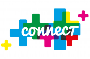 Das ist das Logo des AGJF Sachsen e. V. , des Projektes connect – Jugendhilfe migrationssensibel und menschenrechtsorientiert gestalten.  Das Logo von „connect“ besteht aus bunten Pluszeichen. Auf denen in weißer dicken Buchstaben „connect“ steht. Das Log